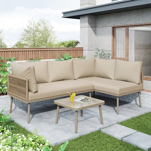 Wiuzo Garten-Lounge-Set aus Eisen, Gartenmöbel-Set, L-förmiges Gartenmöbel-Set, Lounge-Set aus mit Sitzkissen, verstellbaren Füßen, 2 Sofas und 1 Tisch, Khaki
