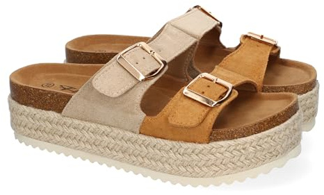 shoes&blues.es 90897 Sandalia de Plataforma para Mujer, Comodas y Elegantes, Forradas de Yute, con Planta Anatomica, y Hebillas en la Pala, Ideales para Primavera Verano Kaki Talla 38