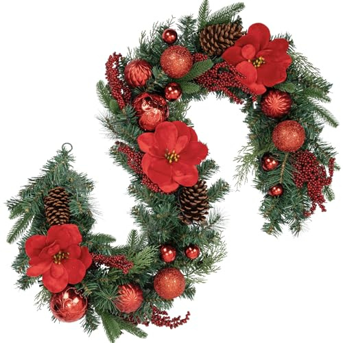183cm Weihnachtsgirlande mit Dekorative Weihnachtskugeln und Weihnachtsmagnolie, Tannenzapfen Weihnachtsdeko Türkranz für Feste Advent, Hauswandbehang oder Weihnachtsdekoration