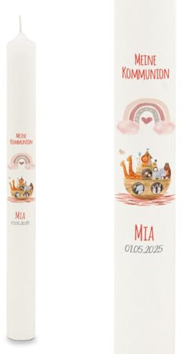 GRAVURZEILE Vela con diseño de arco iris con diseño de arca arcoíris, personalizable con nombre y fecha, regalo para bautizo, comunión o confirmación, para niños y niñas, vela altar 400/40 mm, color