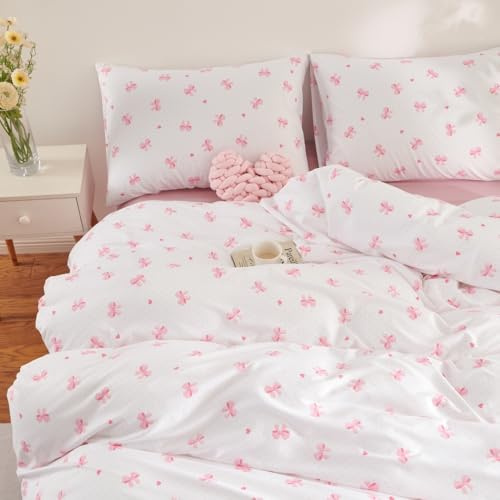 Nayoroom Bettwäsche 135x200 Baumwolle Rosa Mädchen Schleifen Bettbezug Set | Weiß,Herzen,Herzchen,Bettwäsche-sets,Pink,Schleifenmuster,Aesthetic,ÖKO-TEX,Deckenbezug,Kissenbezug 40x80 cm,Reißverschluss