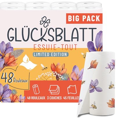 Glücksblatt Asciugamani da cucina con motivi stampati, 48 rotoli da 45 fogli, rotoli da cucina a 3 strati, 100% cellulosa, sostenibili, rotoli di carta assorbenti, asciugamani di carta