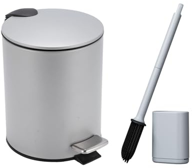 Bathroom Bin with Loo Brush Set, 3L Slim Round Stainless Steel, Grey | Slim Rubbish Bin with Inner Bucket & Soft-Close Pedal Lid. Fits Narrow Spaces. For Office, Makeup Room or Kitchen.