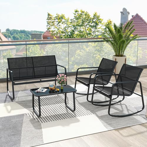 GIANTEX 4 TLG. Gartenmöbel Lounge Set, Gartenlounge Set mit Couchtisch & Gartenbank & 2 Schaukelstühlen, Textilene Balkonmöbel mit sanfter Schaukelbewegung, Terrassenmöbel Garten Sitzgruppe (Schwarz)