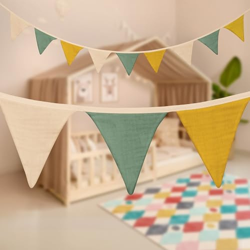 Mooskind Wimpelkette Stoff [in 3 Farben] – Girlande Kinderzimmer aus 100% Bio-Baumwolle – Handmade Wanddeko für Babyzimmer & Hausbett – Wimpelgirlande für Mädchen & Jungen – Musselin Deko