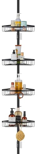MALIRUE Telescopic Corner Shower Caddy, 4-Tier Adjustable Shower Shelves Rustproof Bathroom Corner Shelf, Shower Caddy No Drilling for Bathroom Accessories Storage, Black- 73-302cm