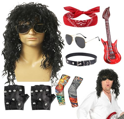 Huayeex Rocker Costume - Heavy Metal Cosplay Outfit | Punk Style Outfit with Sunglasses Wig for Outdoor Party Beach Holiday Musical Festival Stage Performance Halloween Events