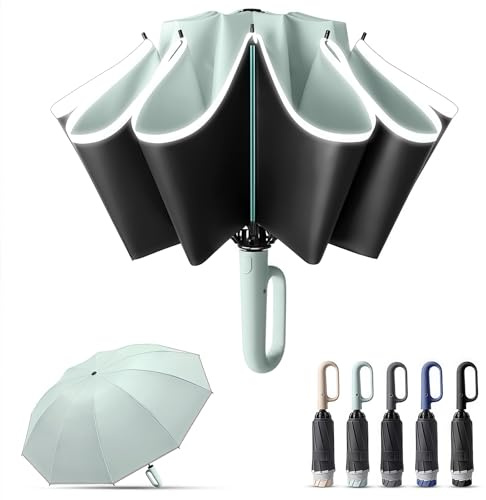 Kisizity Regenschirm Sturmfest, 10 Rippen Umgekehrter Regenschirm Automatik Auf und Zu, 106cm Durchmesser Golf Umbrella mit Schnallengriff und 360° Reflektierende Streifen für Herren und Damen