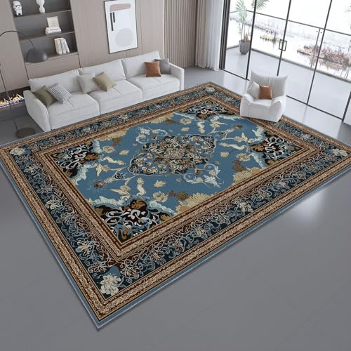 Azul Alfombra Salon Pelo Corto Suaves, 120 x 170 cm Clásico Floral Hierba Rizada Dormitorio Alfombras Antideslizante para Interiores Sala de Estar Estudio Habitación Infantil