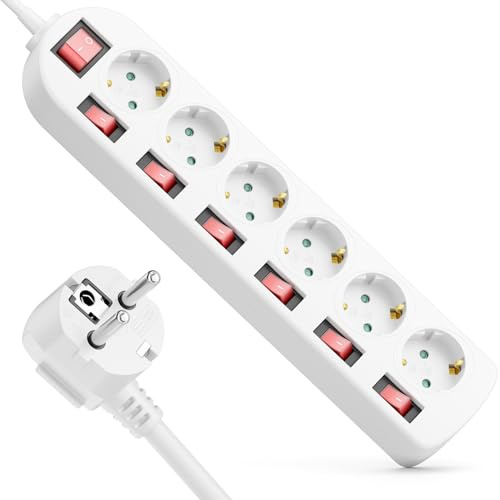 deleyCON Regleta 6 Tomas - Interruptor ON/Off - Control Individual - 5m Cable - 6X Toma Base Múltiple Corriente Distribuidor Extensión Regleta Hogar Oficina 3680W 16A - Blanco
