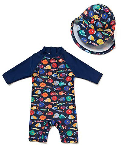 BONVERANO Bañador Recién Nacido Manga Corta Protección UV 50+ con Gorro(Azul-pez,18-24meses