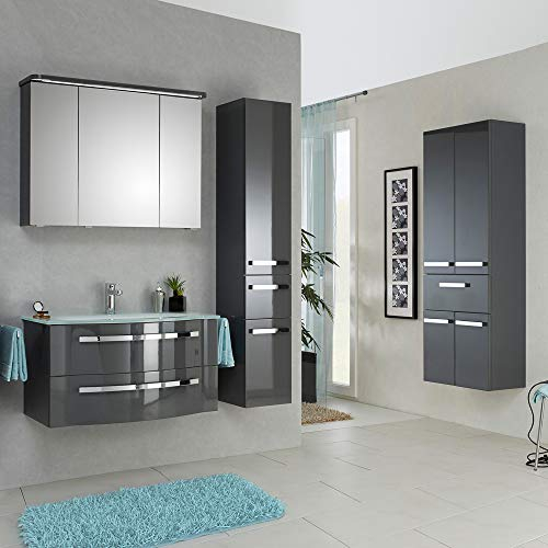 Lomadox Badmöbelset Komplett in Quarzgrau, Waschtischunterschrank mit Glas-Waschbecken und LED-Spiegelschrank, Hochschrank mit Wäschekörben, montierte Möbel