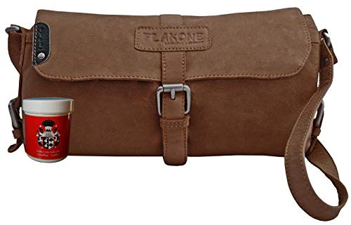 LL BARON of MALTZAHN Damen Schultertaschen FLAKONE brown-Natur Casual-716 aus Leder + Lederpflege
