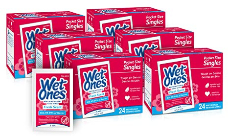 Wet Ones Antibacterial Hand Wipes Singles, Fresh Scent Wipes, Individual Wipes, Antibacterial Wipes, Hand Wipes Individually Wrapped, 24ct (6 pack)
