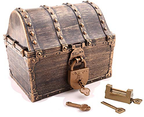 Pashali Kids Pirate Treasure chest Toy Large Size Plastic Pirate Vintage Treasure Box Antique Color with 2 Set of Locks Party Favors Props Decoration Treasure Chest