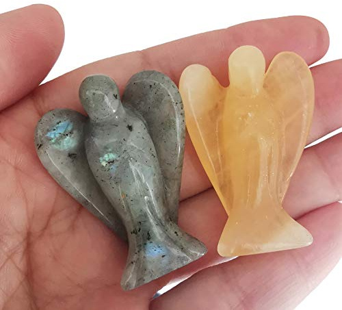 Lovionus89 Mini Kristall Engel, 2 STK Tasche Geschnitzt Edelstein Wächter Figuren Heilung Statue Zuhause Dekor 1,5 Zoll, Gelber Achat + Mondsteine