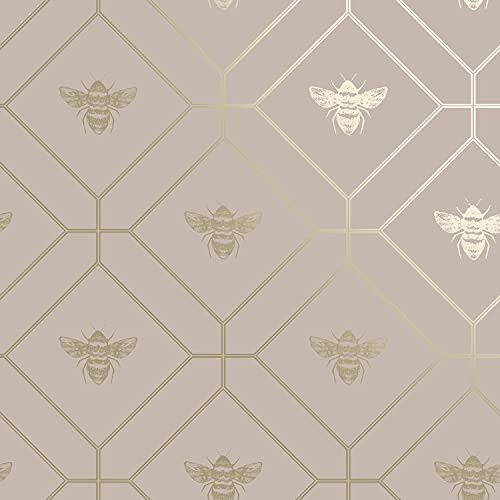Honeycomb Bee Tapet, motiv med vaxkaka och bi, geometriska och metalliska mönster, modern tapet (guld och rosa)