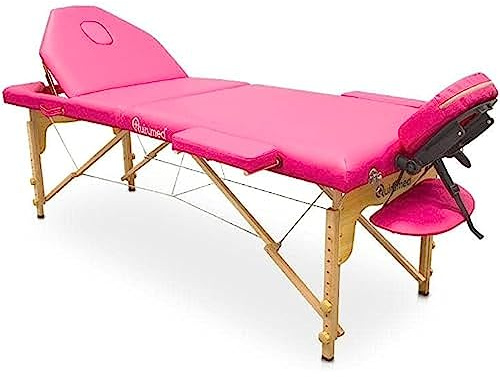 QUIRUMED Klappbare Massageliege, Holz, 186 x 66 cm, mit Rückenlehne, rosa Farbe, Gesichtsloch, Gesichtsstöpsel, Abnehmbarer Kopf, Transportrucksack, bis 140 kg