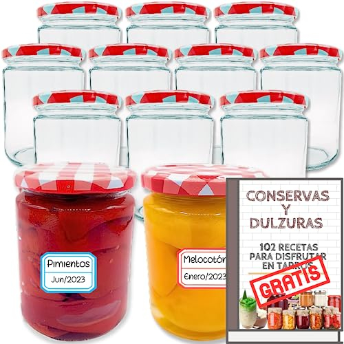 12 Tarros de Cristal de 450 ml con Tapas + EBook con +100 Recetas para Conservas - Frascos con Tapa de Rosca para Alimentos Caseros - Bote Estanco - Incluye Etiquetas - Tarros Medianos