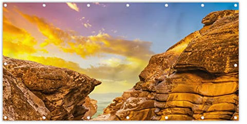 MuchoWow® Balkon Sichtschutz Sichtschutzmatte Balkonbanner Abdeckung für Terrasse Balkon Windschutz Blickdicht Wetterfest 200x110 cm Felsen - Meer - Sonnenuntergang - Natur - Wasser