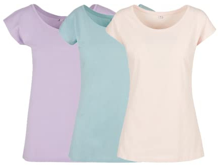 COOZO Ladies Pack of 3 Wide Neck Short Sleeve T-Shirts - Lilac/Ocean Blue/Pink - XL