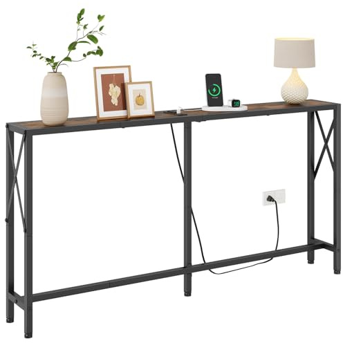 Gewudraw Console Table with Oulets and USB Ports, 55.1 Sofa Table Behind Couch, Industrial Long Skinny Stand for Hallway, Living Room, Bedroom, 6.5 Feet Power Cord, Rustic Brown