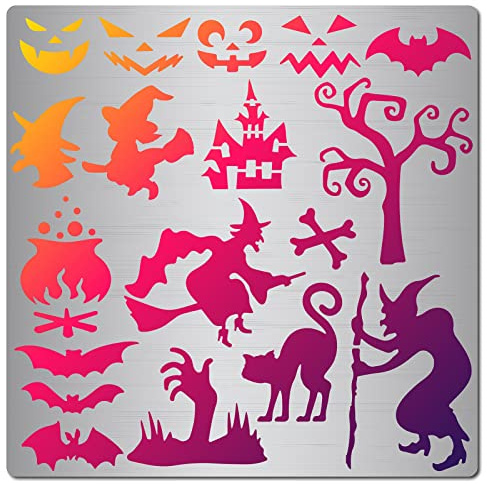 GORGECRAFT 16cm Halloween-Schablone Aus Metall Geistergesicht Hexe Fledermaus Schloss Mustervorlagen Wiederverwendbar Edelstahl Malschablonen Tagebuchschilder Für Holzbrennen Gravieren Wand Leinwand