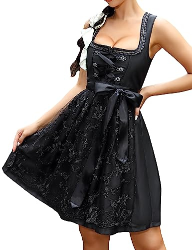 KOJOOIN Damen Dirndl 2tlg. Midi Trachtenkleid Kurz Dirndlkleid(High-End) mit Dirndlschürze für Oktoberfest von Gr.34-48