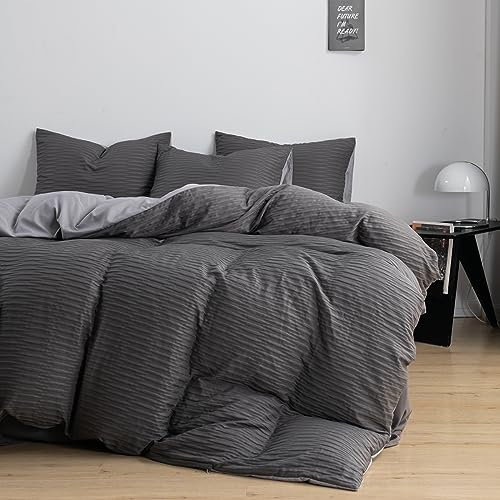 DXHOME Seersucker Ropa de cama de 200 x 220 cm, 3 piezas, gris oscuro, elegante, transpirable, microfibra, suave, funda nórdica con cremallera y 2 fundas de almohada de 80 x 80 cm