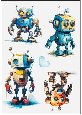 Iron-On Transfer Set for Textiles, DIN A4, Children, Girls, Boys, Dinosaur, Unicorn, Forest Animals, Large, Small, Iron-On Patch for Iron-On Various Designs, Iron-On Transfer Pictures (7 - Robot)