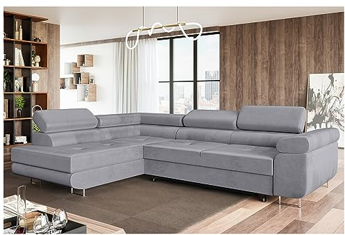 MEBLINI Schlafcouch mit Bettkasten - Ecksofa mit Schlaffunktion - Sofa mit Relaxfunktion und Kopfstützen - Couch L-Form - Eckcouch - Wohnlandschaft - MALIBA - 277x203x63cm Links - Grau Samt