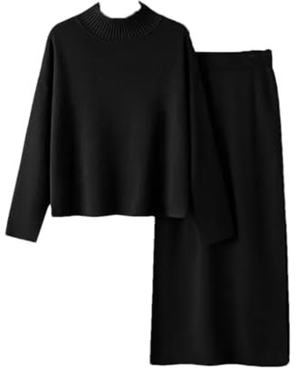 Jegsnoe Stricksets Für Damen, Maxirock, Trainingsanzüge, Winter, Warm, Rollkragenpullover + Langer Midi-Rock, Zweiteilige Sets