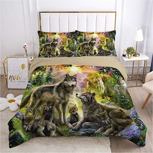 3D Wolf Bettwäsche Set 135x200 Tier Wolf Motiv Jungen Teens Bettbezug Wolf Theme Muster Bettwäsche Set mit Reißverschluss und Kissenbezug (G,135 x 200 cm)