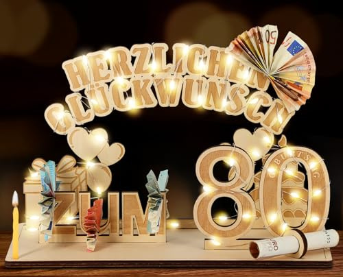 80. Geburtstag Frau Mann Geldgeschenk Holz mit LED Lichterkette Ständer | Geschenke zum 80 Geburtstag - Personalisierte Gästebuch Geburtstagsgeschenk