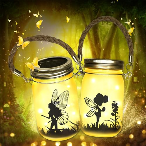 EUZLABBY Lanterne Solari da Esterno,2 Pezzi Vaso di Muratore Solare Fata,Il Fata Farfalla Nella Barattolo di vetro,Impermeabile IP65,Appendere/ Piatto,per Giardino Esterni Interni Feste Natale(Caldo)