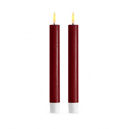 ReWu LED Stabkerze 2er Deluxe Homeart, Indoor LED-Stabkerze mit realistischer Flamme auf einem Echtwachsspiegel, warmweißes Licht - Burgogne Rot Stabkerze 24 cm