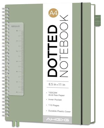 AHGXG Dotted Journal - Dot Grid Spiral Notebook 8.5 x 11, A4 Large Dotted Notebook, 100 GSM Thick Paper, Waterproof Plastic Cover Journals for Journaling, Sketching, Light Green