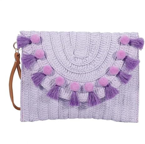YUEZHAN Abendtasche Damen Clutch Handtasche Stroh Schulter Tasche Strand Handgemachte Tasche Verschluss Stroh Umhängetasche Gewebt Umschlag Geldbörse Lila