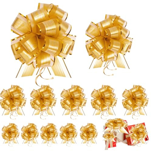 FAURAPMNG Lot de 12 grands nœuds à tirer pour emballage cadeau, 15,2 cm et 12,7 cm avec ruban pour paniers cadeaux de mariage, fête, anniversaire, vacances, décoration de cadeaux (doré, 2 tailles)