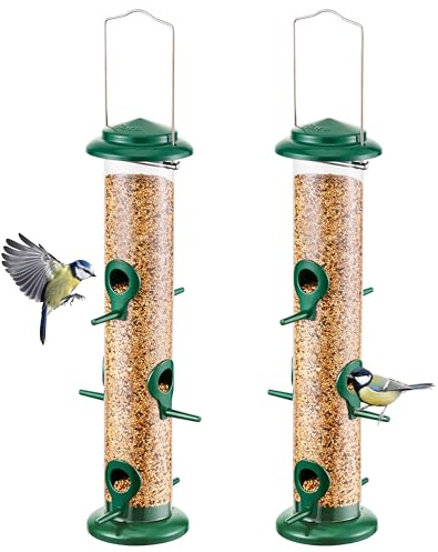 iBorn Metal Bird Feeders 6 Ports Hanging Wild Bird Seed Feeder for Mix Seed Blends, Seed Feeder, Sunflower Heart, Birdbath, Heavy Duty All Metal Green Finishing 15 Inch 6Port, Pack of 2,Gift Box