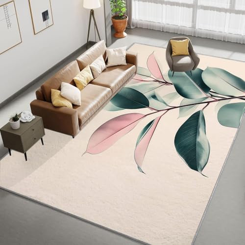Generisch Teppich Wohnzimmer 80 x 150cm Rechteckig Blätter von Gummibäumen Teppich- Rutschfester Teppich Schlafzimmer, Esszimmer, Küche Weich Flauschiger Tepich Einfache Reinigung Beige