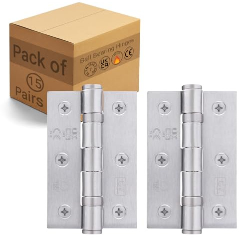 EAI Satin Chrome Door Hinges, 76mm / 3 Inch, 15 Pairs Fire Rated | Internal Fire Door Hinges, Perfect for Wooden Doors, Smooth Operation, Ball Bearing Hinges, Fixings Included