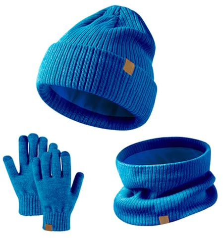 GWAWG Juego de gorro, bufanda y guantes de invierno para niños, 3 piezas, cálidos gorros de punto térmico, cuello cálido, guantes de pantalla táctil, forro interior de forro polar suave, elástico para