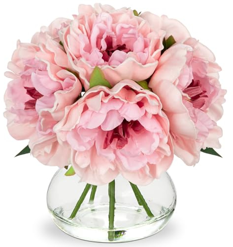 Oairse Künstliche Pfingstrosen in Vase, 6 Köpfe, fühlen sich echt an, künstliche Pfingstrosen in Glasvase mit Kunstseide, rosa Kunstblumenarrangement für Zuhause, Badezimmer, Hochzeit, Tischdekoration