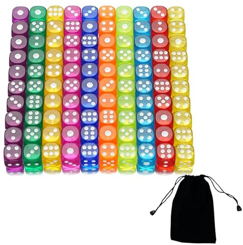 100 Stück 12 mm Acryl-Würfel, bunt, 6-seitig, ideal für Brettspiele, Tischspiele und Mathe-Spiele.