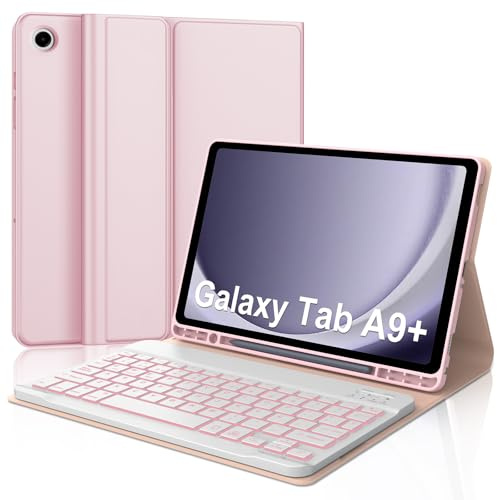 FOGARI Teclado para Samsung Tab A9 Plus 11 | Funda con Español Ñ Teclado Retroiluminado Bluetooth Desmontable con Portalápices para Galaxy Tab A9+ Plus 11, Rosa