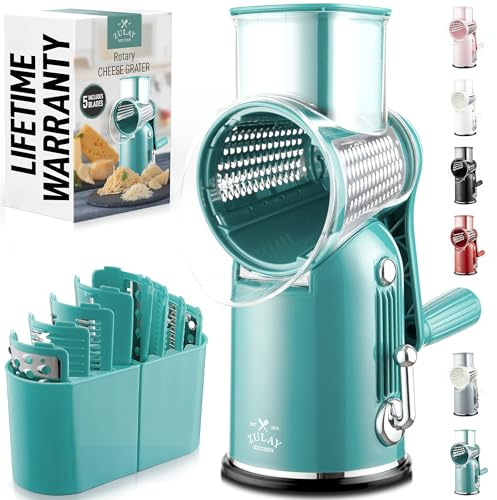 Zulay Kitchen Rotary Cheese Grater 5 Blade Cheese Shredder - Manual Hand Crank Cheese Grater With Reinforced Suction & 5 Interchangeable Drums - Easy to Use, Vegetable Chopper Round Mandoline Slicer