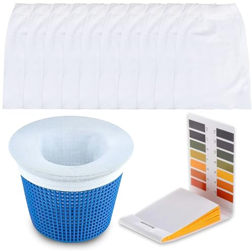 HSLPSM 10 Stück Pool Skimmer Socken, Filtersocken Skimmer, Skimmer Filter Netz für Schwimmbad Korb, Schwimmbad Pool Zubehör, Feinfilterung Skimmer Socken Gross（mit Teststreifen）