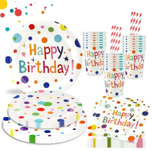 Aitsite Bunte Punkte Pappteller Kindergeburtstag für 20 Gäste Geburtstagsdeko Pappteller Partygeschirr Einweggeschirr Kinderparty Bunte Punkte Teller Becher Servietten Geburtstag Geschirrset