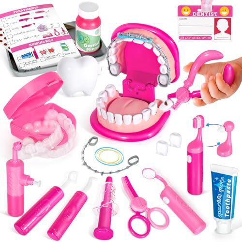 Dentist Toys for Kids with Braces /Removable Teeth /Retainer - Kids Dentist PlaySet Pink - Doctor Kit for Toddlers 3-5 - Educational Toys for 4+ Year Old Girls - Pretend Play Toy for Ages 5-7 (Fushia)